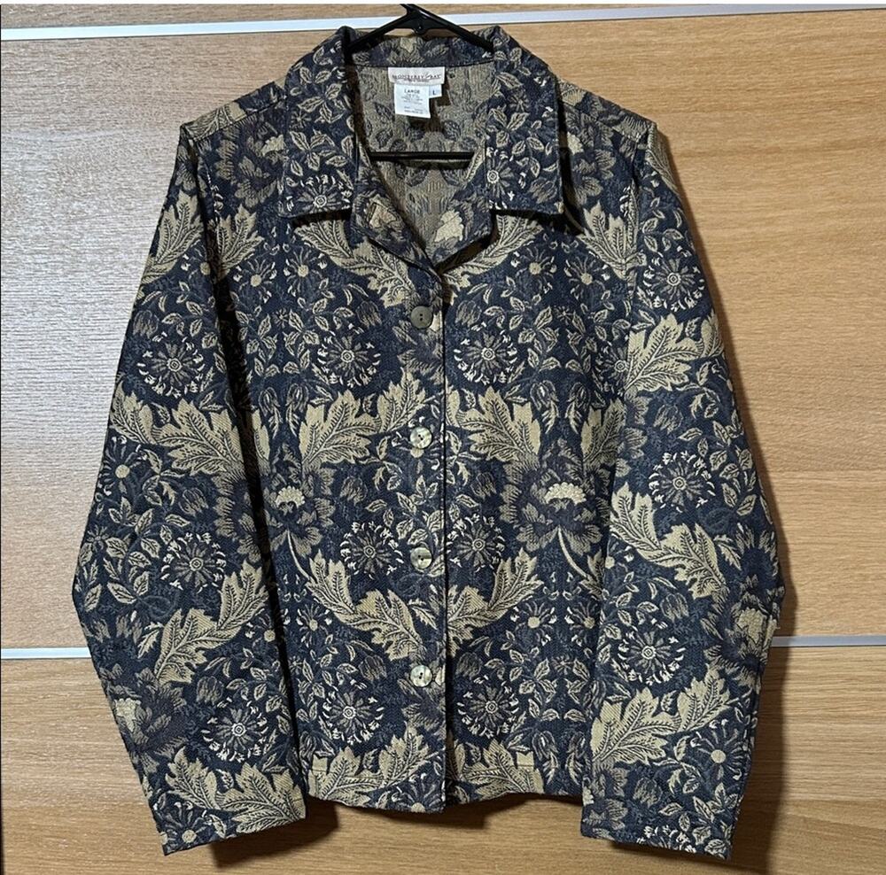 Monterey Bay women’s Sz L Floral & Leaf Pattern woven denim cloth jacket